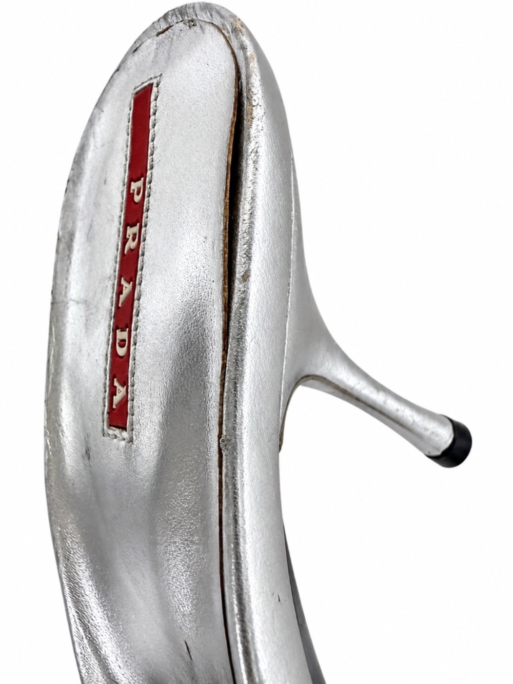Prada Silver Metallic Leather Open Toe Mule Heels Sandals Size 37 - Picture 16 of 16
